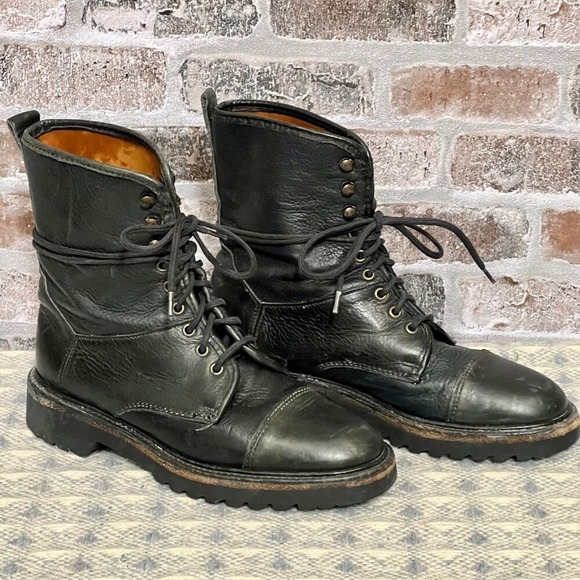 Vtg Cole HahnMilitary Style Combat Boots Black/Grn Leather Lace-up Ankle Boots